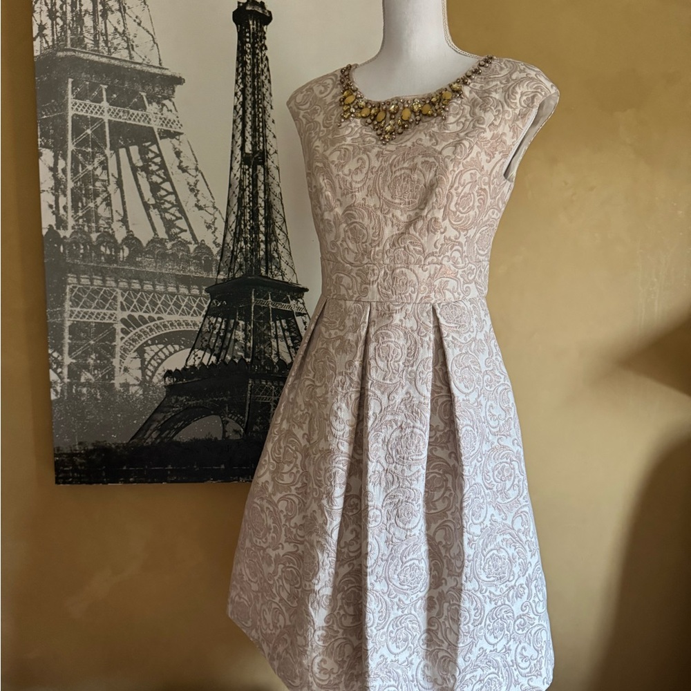 Eliza J Cream Embellished Pleated Mini Dress